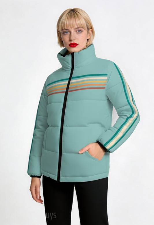 Unisex Retro 80s Puffer Jacket Blue Green stripe Cotton Filled