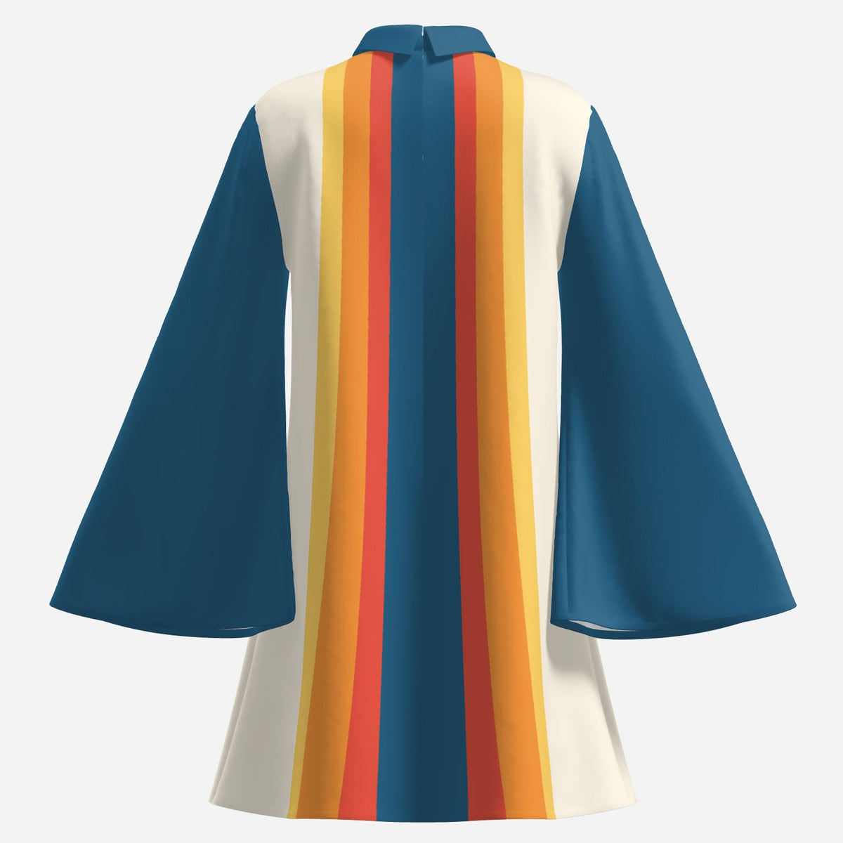 Women's 70s Retro Disco Dress, Blue Yellow Stripe Bell Sleeve Dress, Groovy Trapeze Mini Dress, Vintage Inspired Dress
