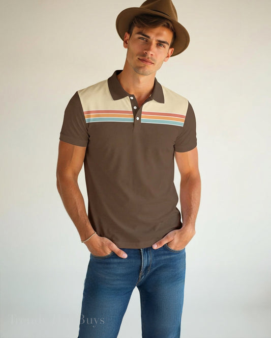 70s Brown Stripe Polo Shirt | UPF 50+ Sun Protection Unisex Polo | Retro Vintage Golf Shirt