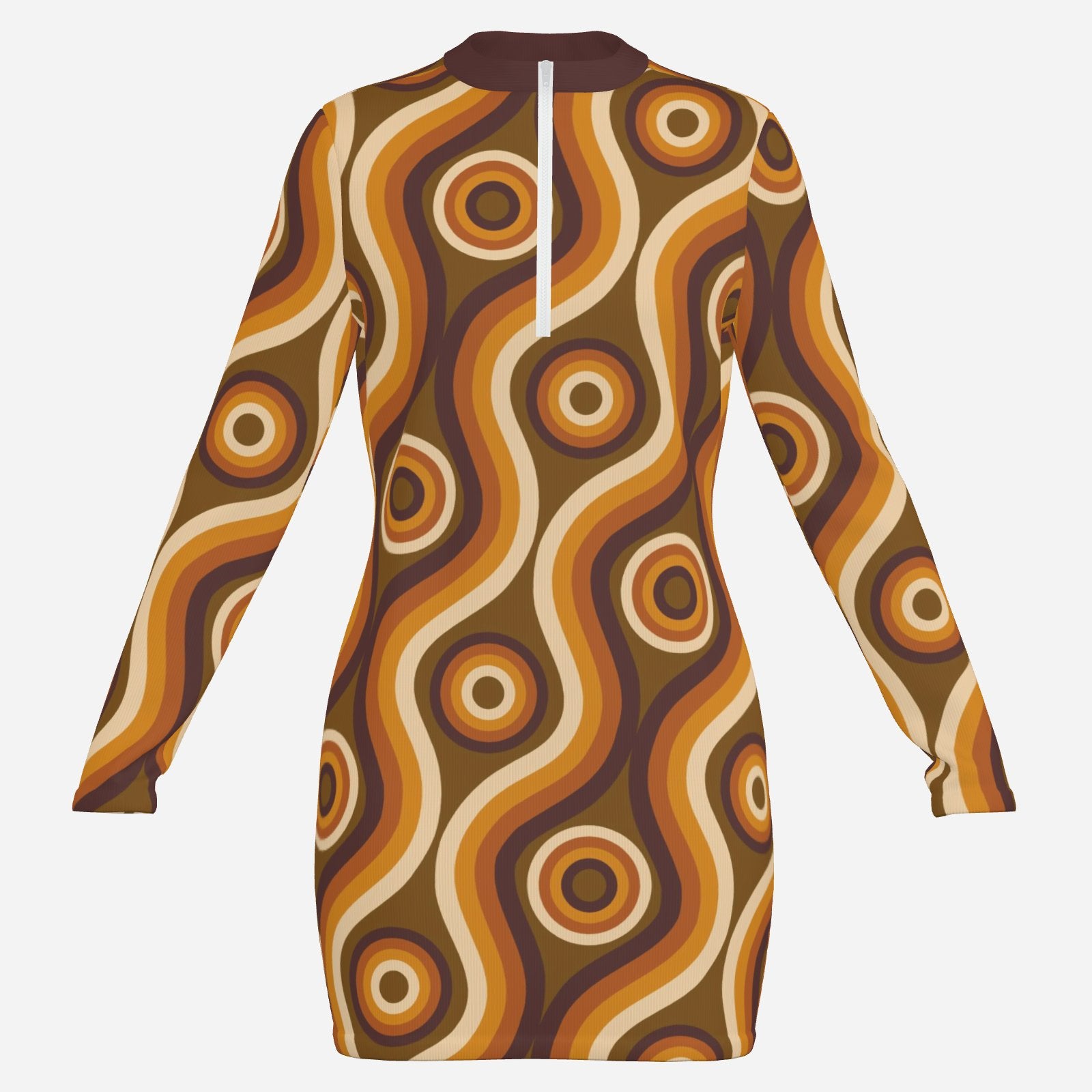 60s 70s Dress Style | Mod Groovy Brown Scuba Mini Dress | Vintage 60s Inspired Long Sleeve Dress