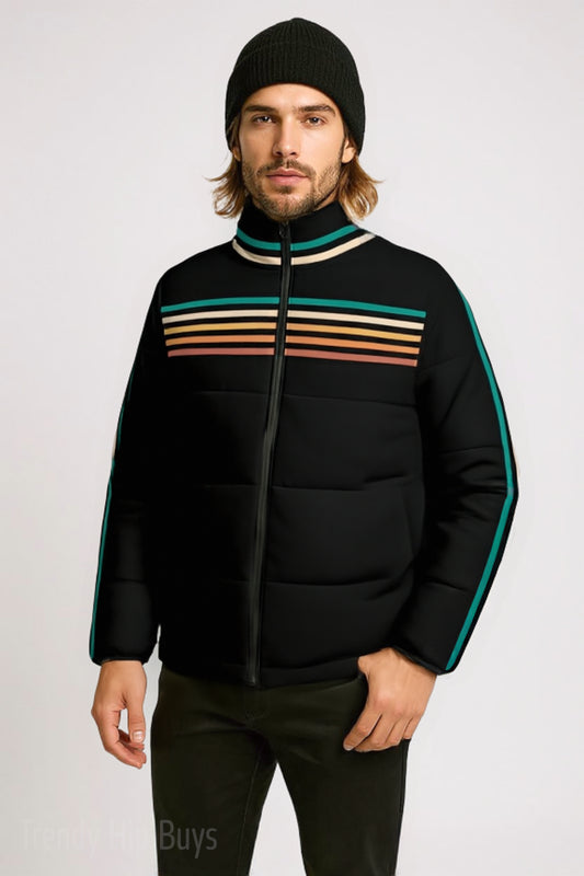 Retro Style 80s Puffer Jacket | Vintage Black Stripe Puffer Jacket | Multicolor Stripe Winter Jacket | Cotton Filled
