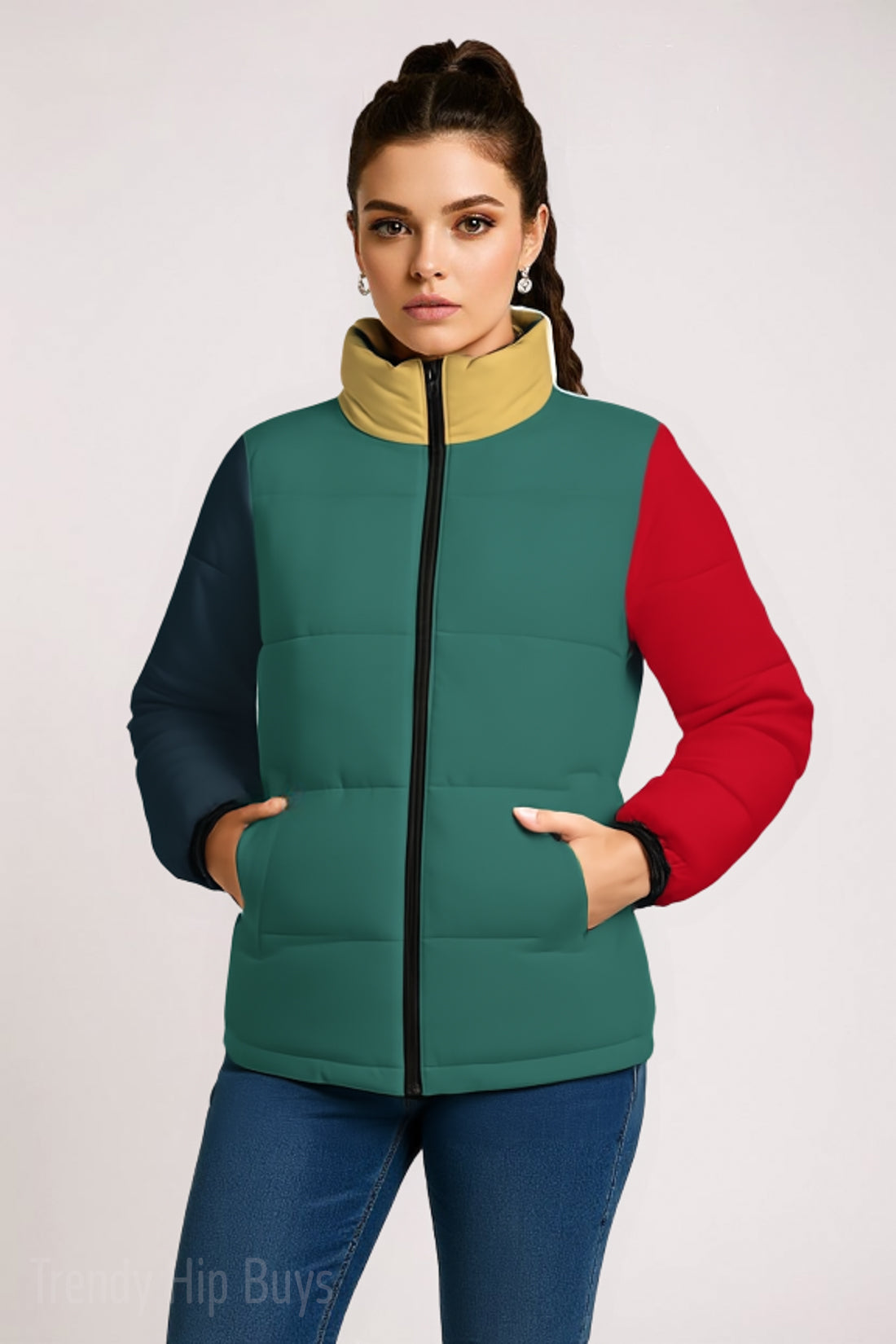 Unisex Color Block Puffer Jacket | Green Blue Yellow Red Artistic Puffer Coat | Cotton Filled Retro Y2K Winter Jacket |