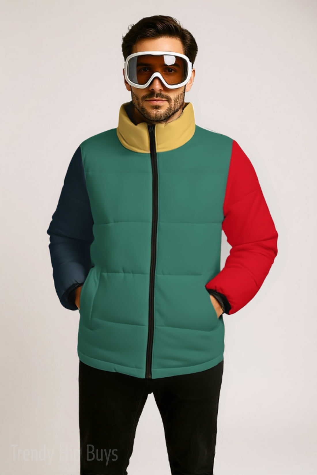 Unisex Color Block Puffer Jacket | Green Blue Yellow Red Artistic Puffer Coat | Cotton Filled Retro Y2K Winter Jacket |