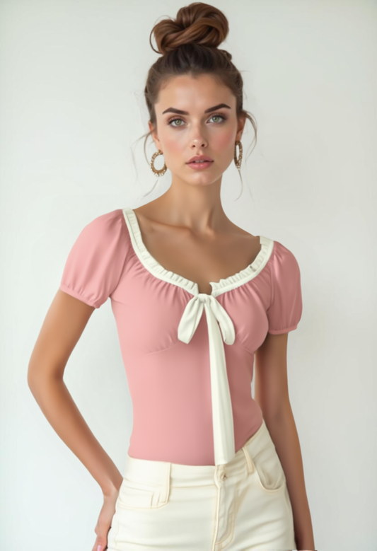 40s Style Pink Babydoll Blouse – Vintage Puff Sleeve Top | Pink Bow Tie Blouse for Women