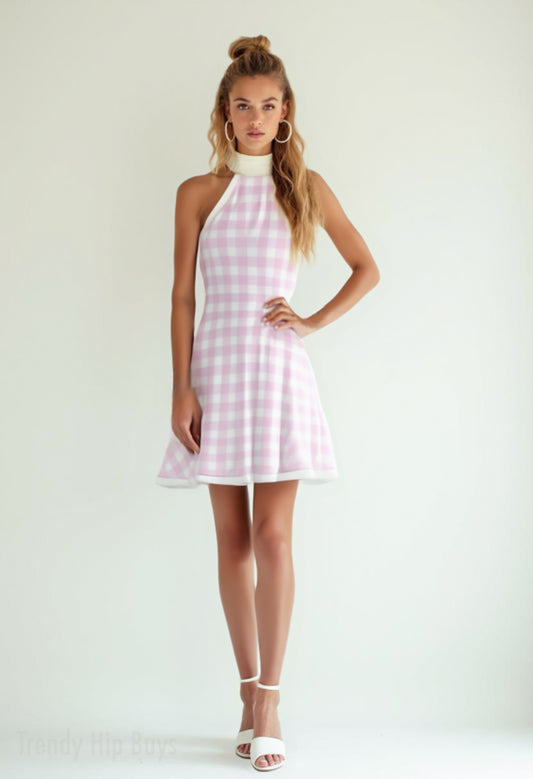 Vintage 60s Style Pink Gingham Dress | Retro Halter Mini Dress | 60s style mini dress, pink aline mini dress, sleeveless mini dress