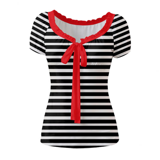 Black & White Stripe Babydoll Blouse – Vintage 40s Style Top | Retro Puff Sleeve Bow Tie Blouse