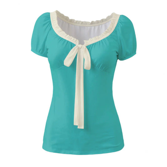 Turquoise Babydoll Blouse – Vintage 40s Style Top | Turquoise Bow Tie Blouse for Women 