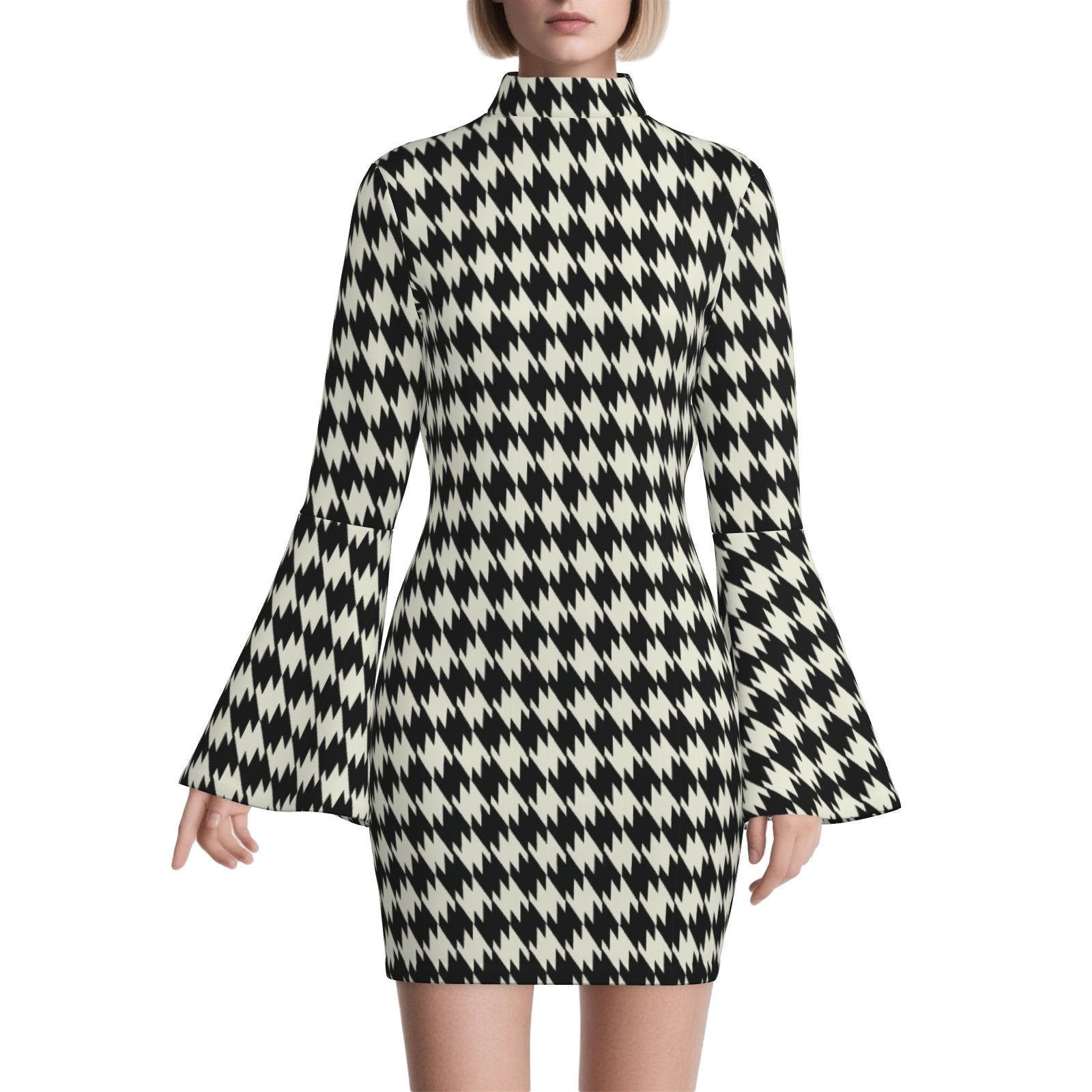 70s Style Dress | Black Houndstooth Bell Sleeve Mini Dress | Retro Turtleneck Disco Shift Dress 