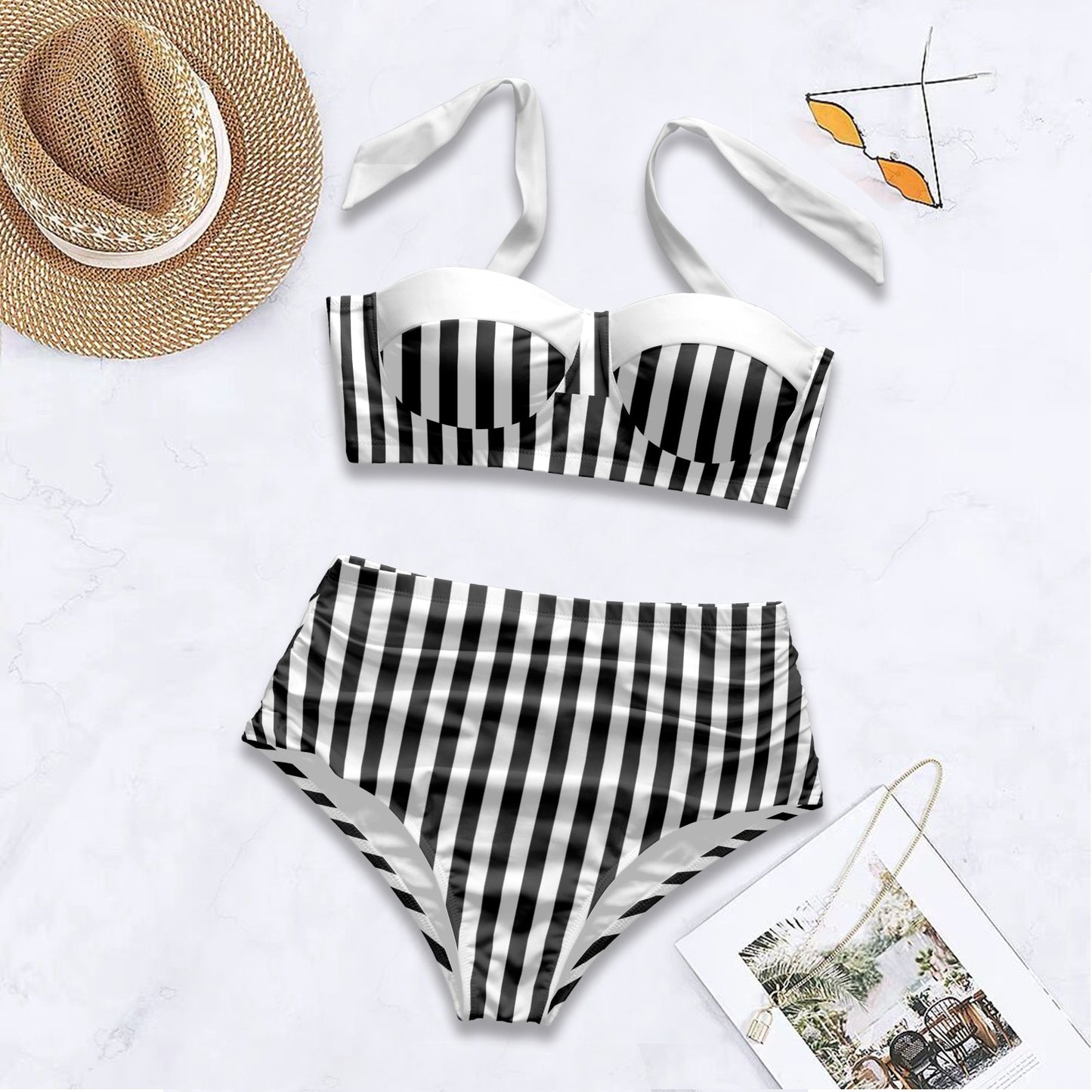 Black and White Stripe Halter Pin Up Bikini