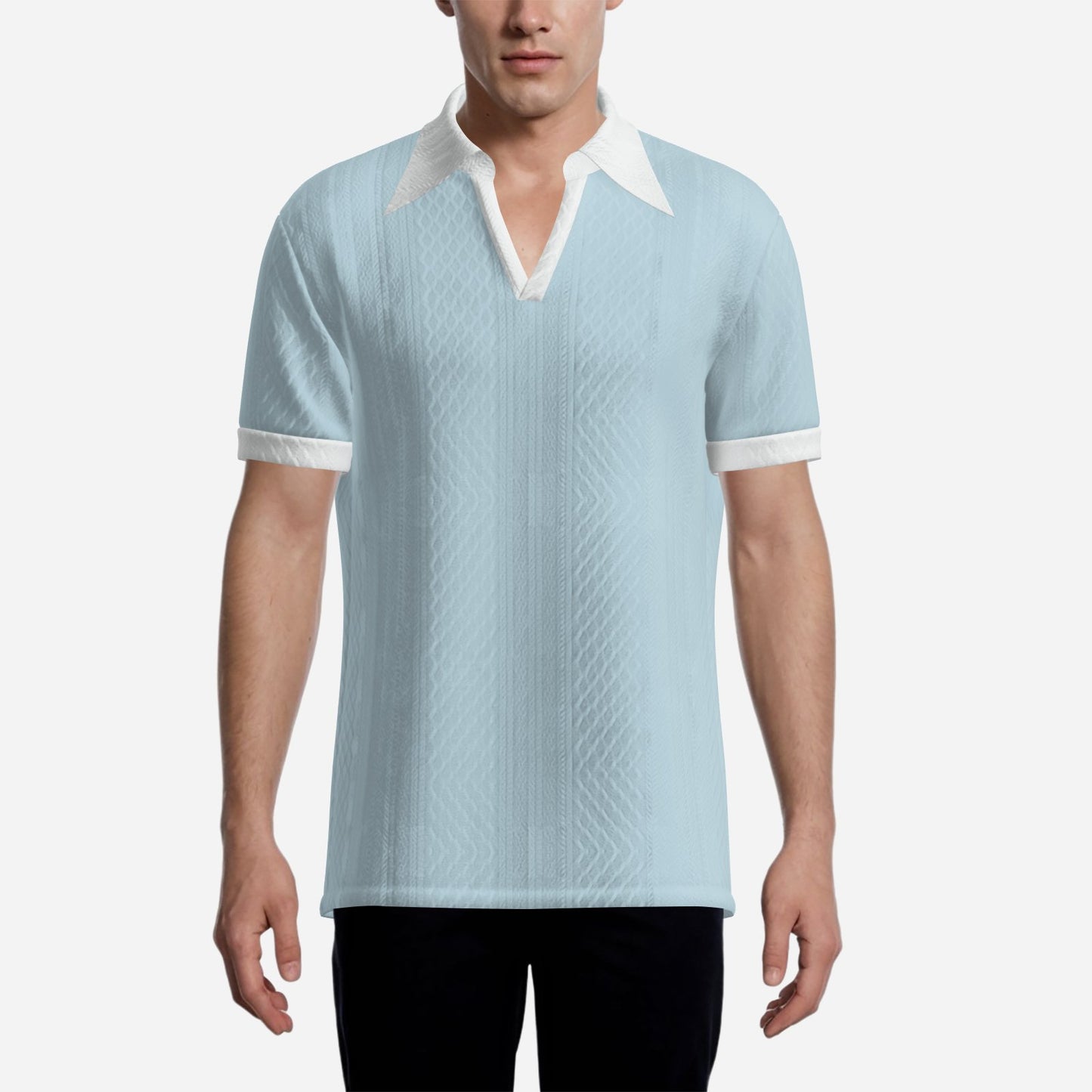 70s Style Polo Shirt | Light Blue Jacquard Knit Polo | 70s Inspired Dagger Collar Shirt | Retro Short Sleeve Polo