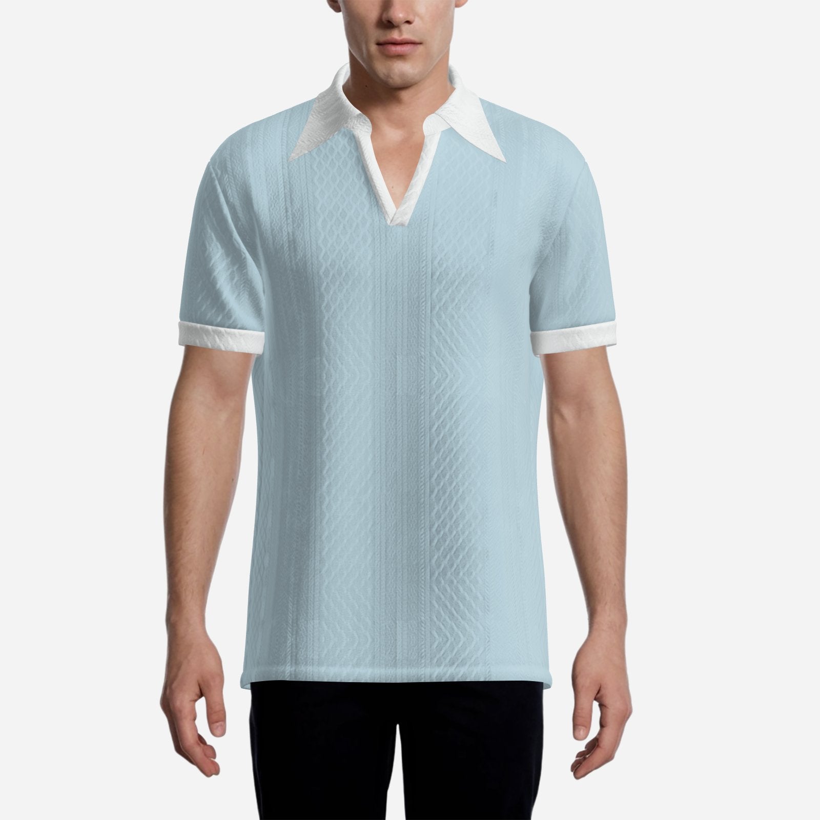 70s Style Polo Shirt | Light Blue Jacquard Knit Polo | 70s Inspired Dagger Collar Shirt | Retro Short Sleeve Polo