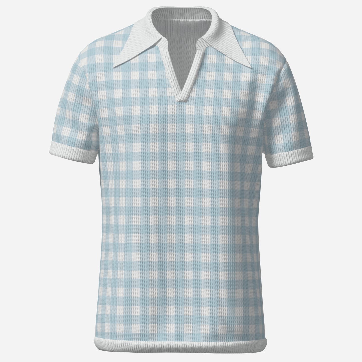 Men's 70s Style Polo Shirt | Light Blue Gingham Knit Polo | Retro Dagger Collar Shirt | Ribbed Knit Short Sleeve Polo