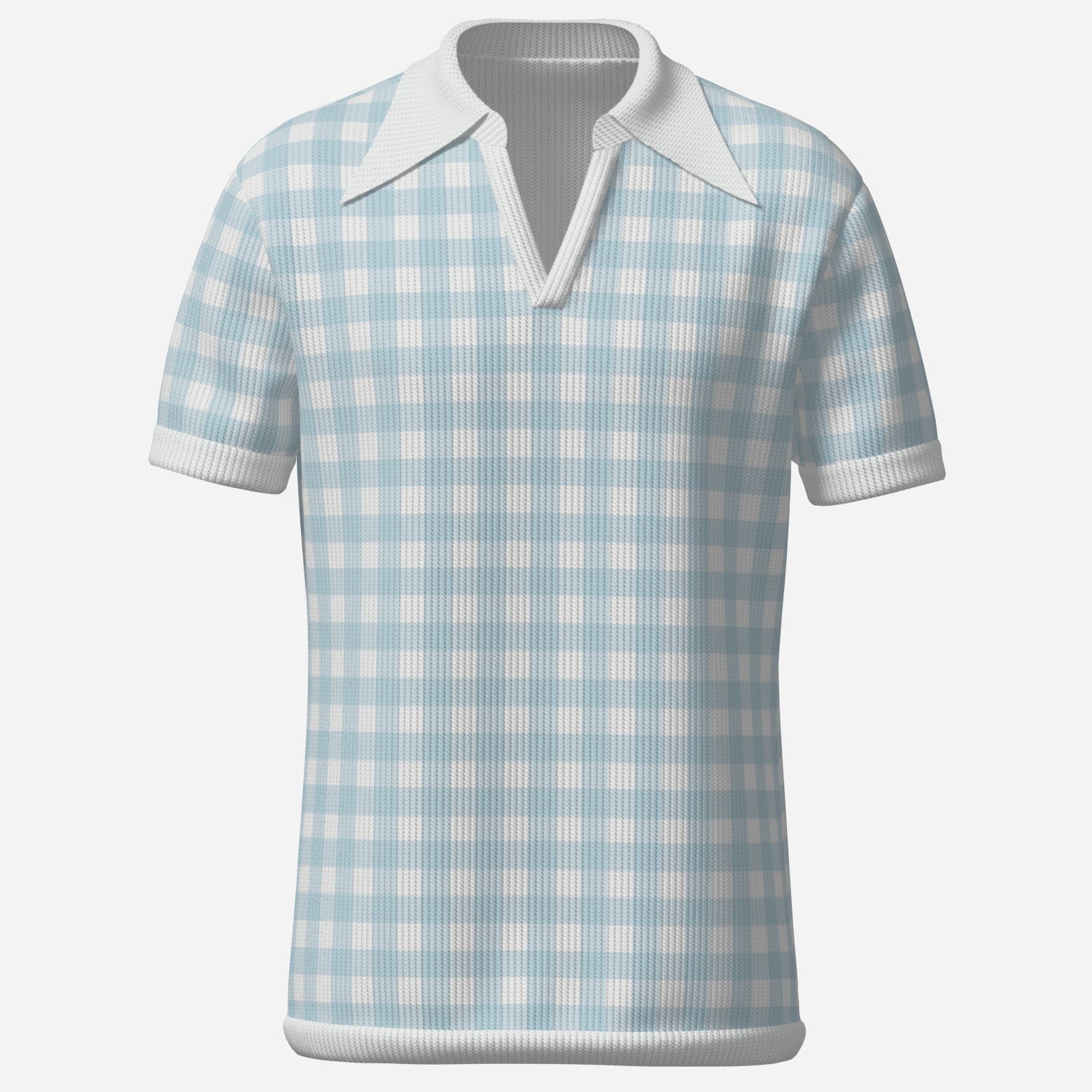 Men's 70s Style Polo Shirt | Light Blue Gingham Knit Polo | Retro Dagger Collar Shirt | Ribbed Knit Short Sleeve Polo