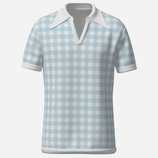 Men's 70s Style Polo Shirt | Light Blue Gingham Knit Polo | Retro Dagger Collar Shirt | Ribbed Knit Short Sleeve Polo