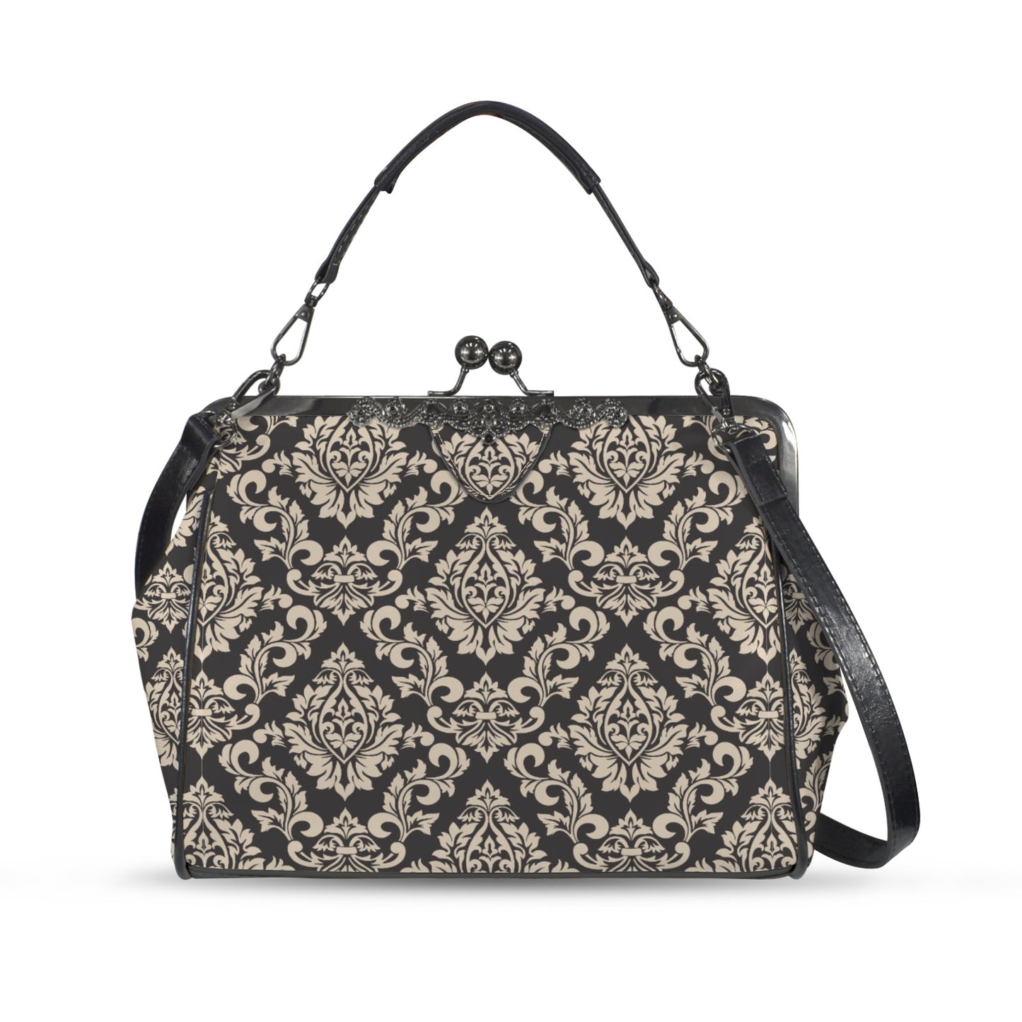 Retro 60s Style Handbag | Dark Gray Damask Vintage Clasp Purse | Classic Crossbody Bag