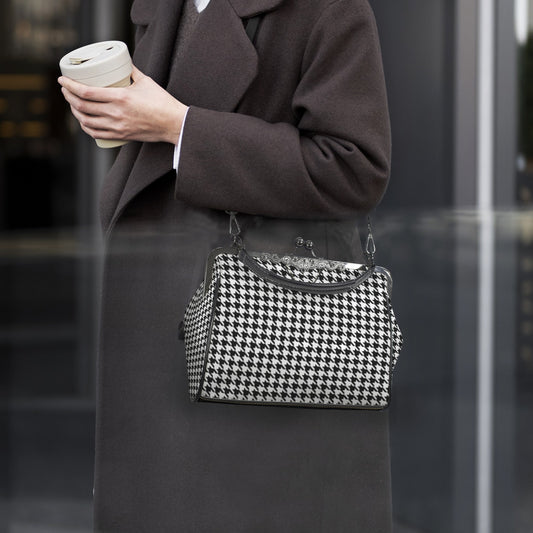 Retro 60s Houndstooth Handbag | Vintage Black Clasp Purse | Classic Pattern Crossbody Bag
