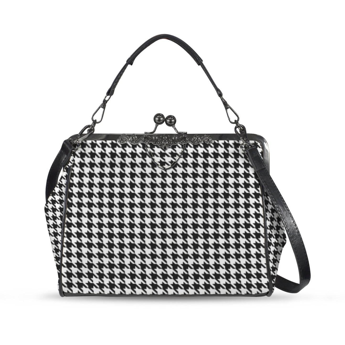 Retro 60s Houndstooth Handbag | Vintage Black Clasp Purse | Classic Pattern Crossbody Bag