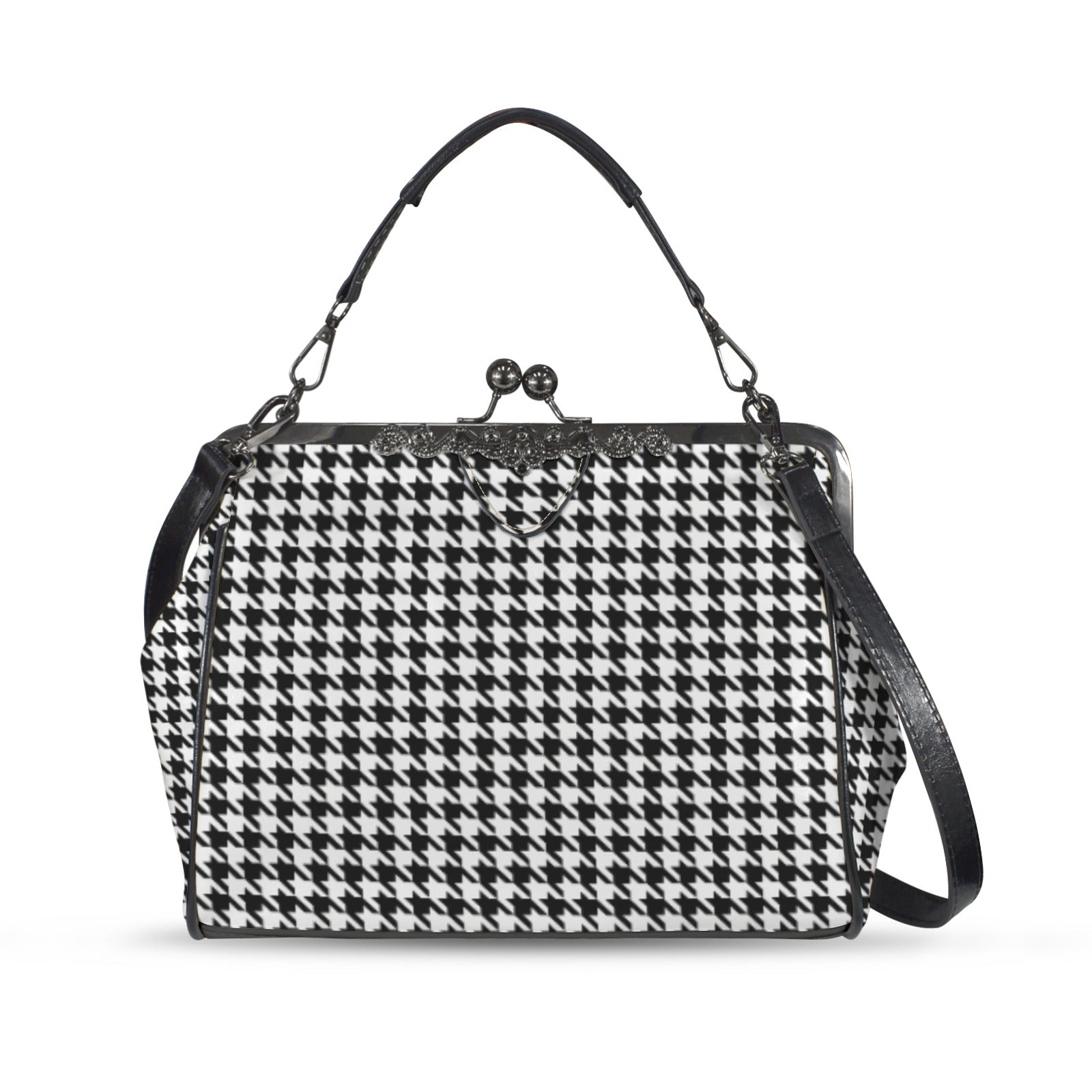 Retro 60s Houndstooth Handbag | Vintage Black Clasp Purse | Classic Pattern Crossbody Bag