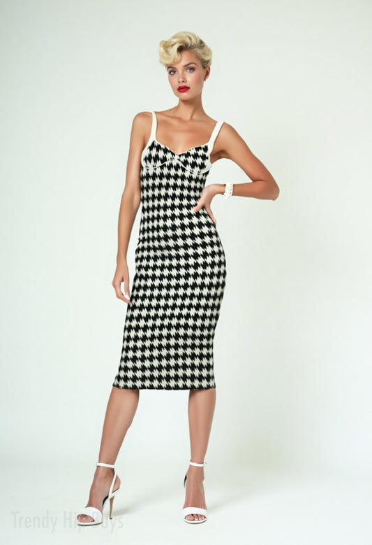 Vintage-Inspired Houndstooth Sheath Dress | 50s & 60s Retro Bodycon Dress| Black Rib Knit Midi Dress