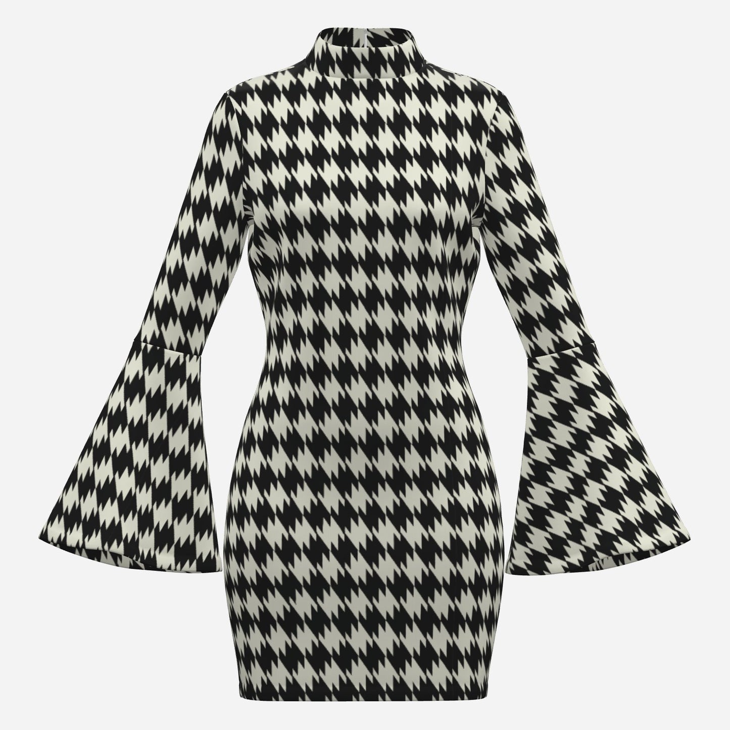 70s Style Dress | Black Houndstooth Bell Sleeve Mini Dress | Retro Turtleneck Disco Shift Dress 