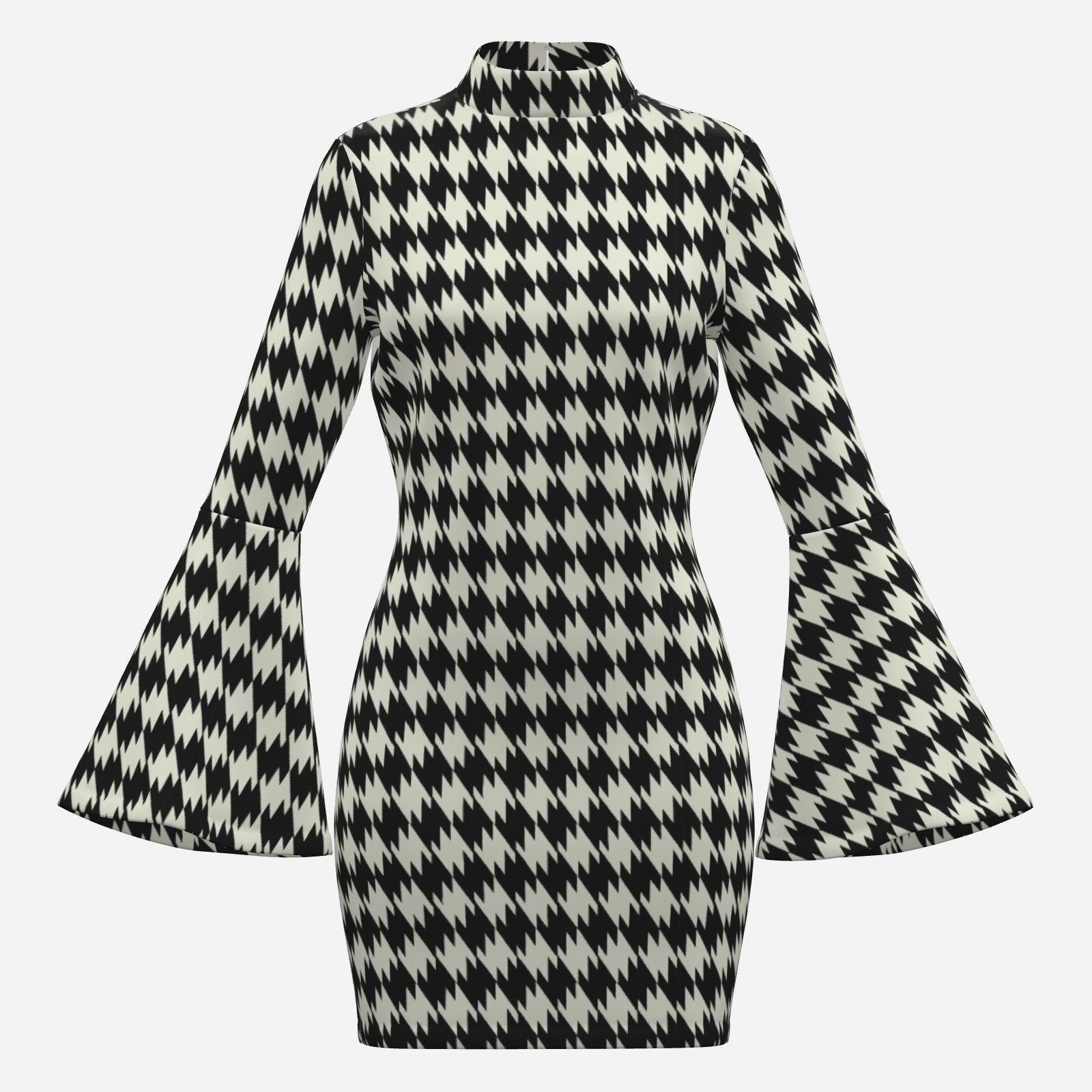 70s Style Dress | Black Houndstooth Bell Sleeve Mini Dress | Retro Turtleneck Disco Shift Dress 