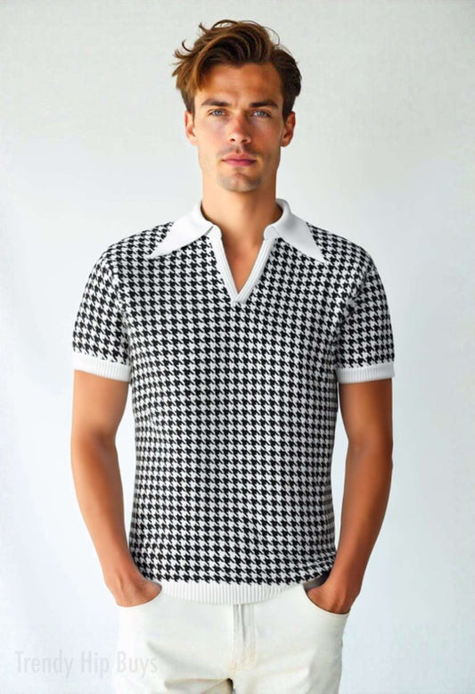 Retro Men's Houndstooth Knit Polo Shirt | 60s 70s Style Wing Collar Shirt | Houndstooth Shirt Men