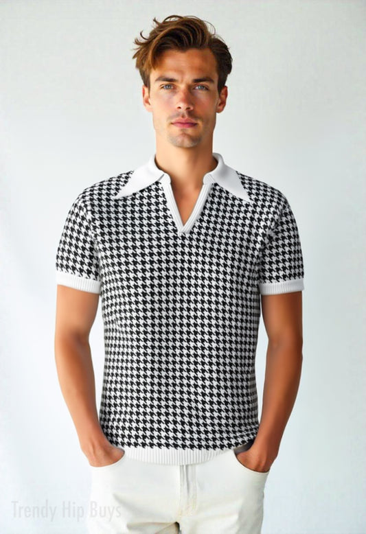Retro Men's Houndstooth Knit Polo Shirt | 60s 70s Style Wing Collar Shirt | Houndstooth Shirt Men