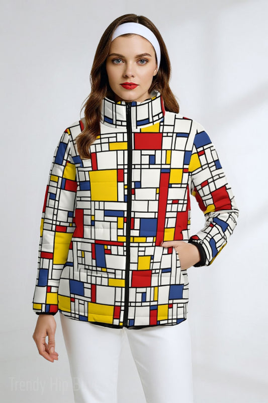 Unisex Retro Mondrian Puffer Jacket | Vintage Geometric 60s Style Puffer Jacket