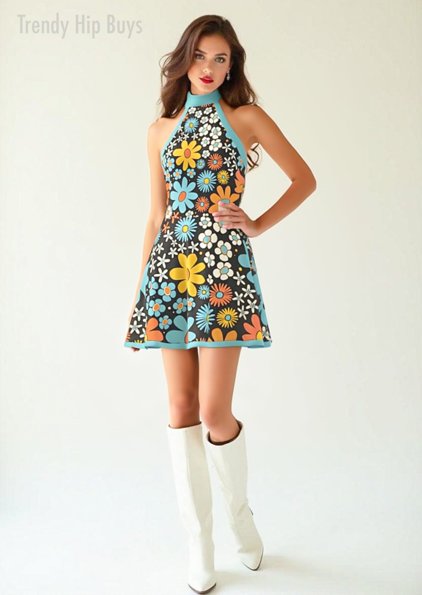60s Dress Style | Blue Halter Dress | Floral Mini Dress – Go-Go Style Dress | A-line mini dress