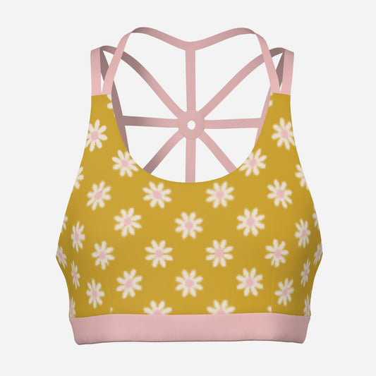 70s Mustard Floral Sports Bra | Retro 60s 70s Vintage Style Activewear Bra | Daisy Print Workout Top