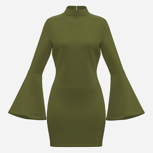 Women's 60s 70s Dress Style, 60s Style Mini Dress | Olive Green Bell Sleeve Dress, Go Go Dress | Green Turtleneck Dress,Green Shift Dress