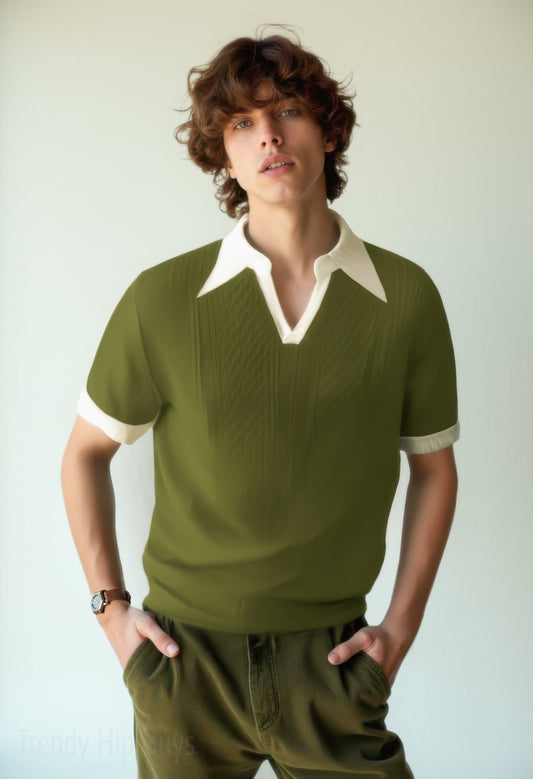 70s Style Polo Shirt | Retro Olive Green Jacquard Knit Polo | Dagger Collar Polo Shirt 