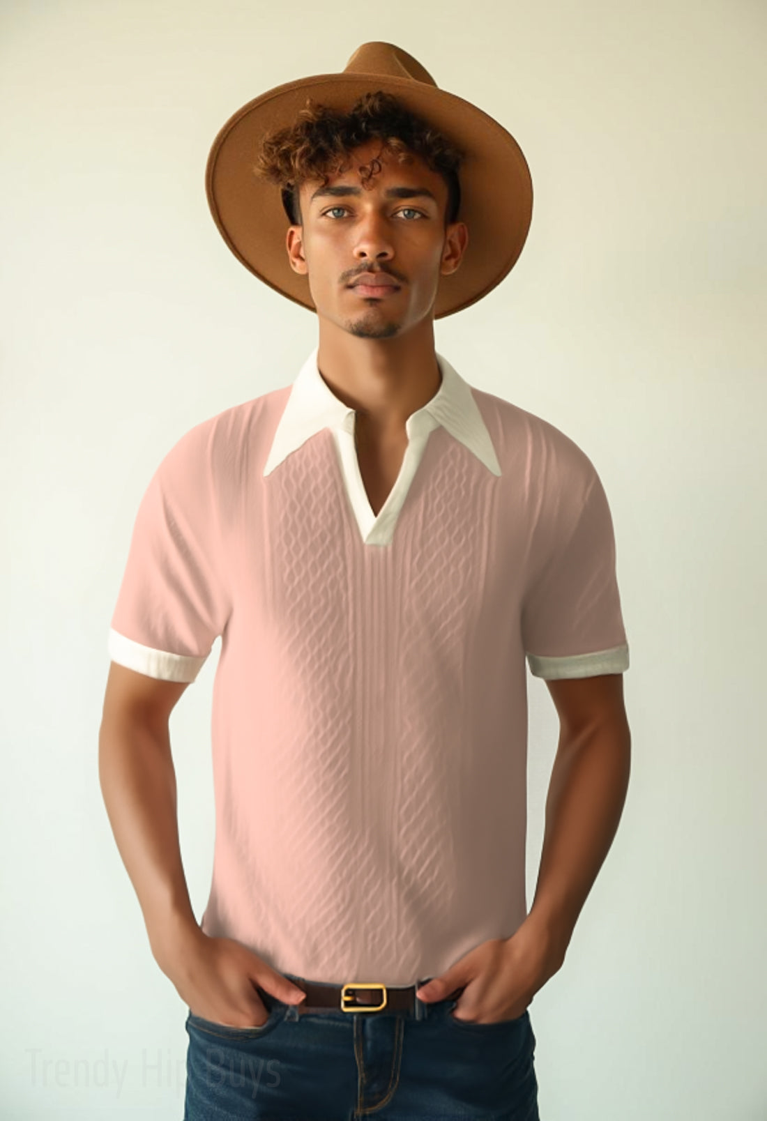70s Style Polo Shirt | Light Pink Jacquard Knit | Pink White Dagger-Collar V-Neck Retro Polo Shirt 