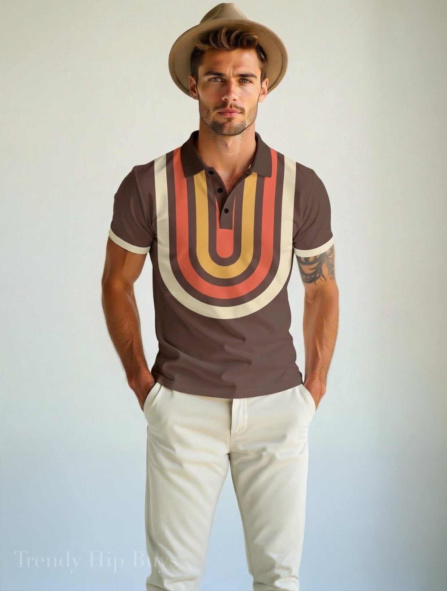 70s Brown Geometric Polo Shirt | UPF 50+ Sun Protection Unisex Polo | Retro Mod Vintage Golf Shirt