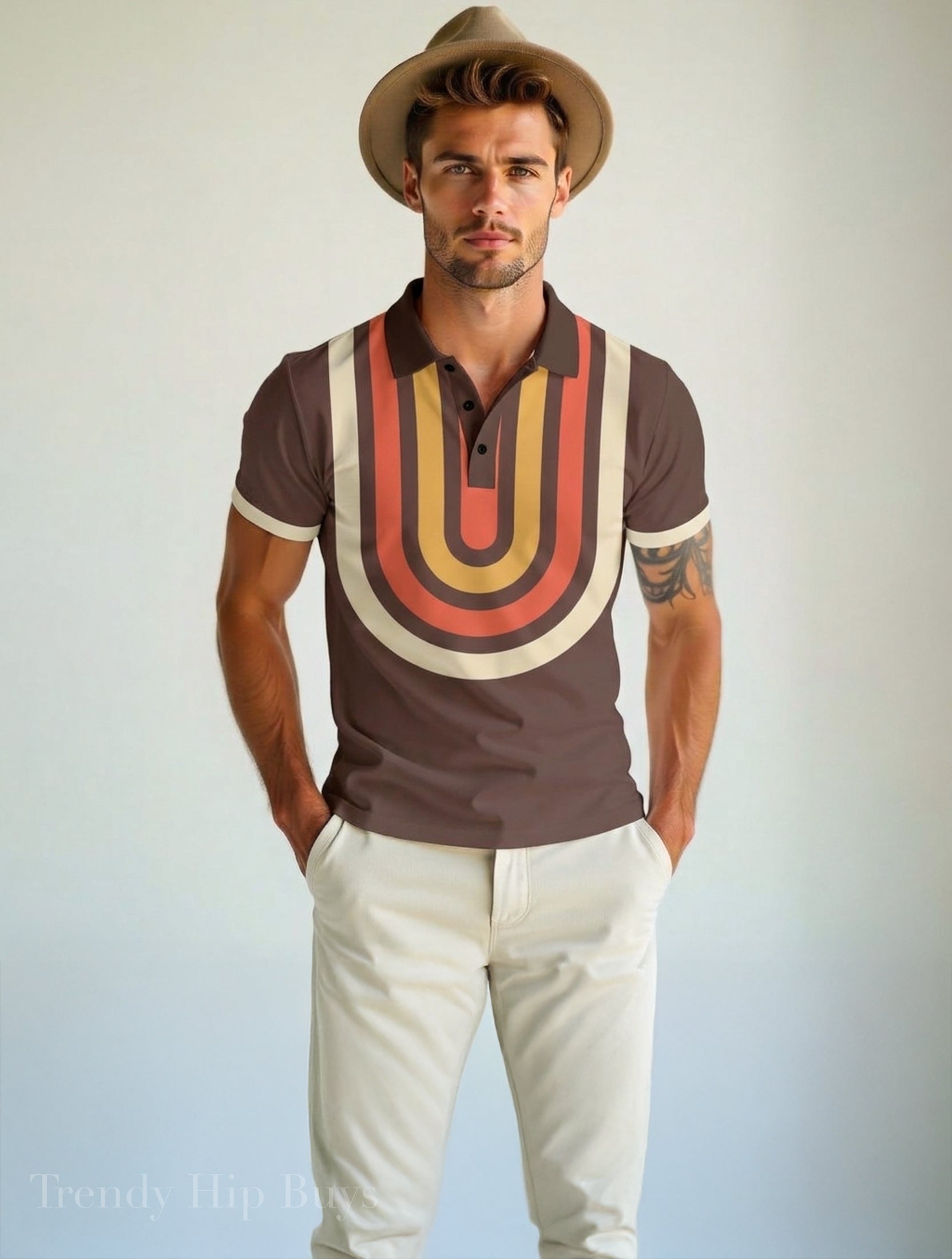 70s Brown Geometric Polo Shirt | UPF 50+ Sun Protection Unisex Polo | Retro Mod Vintage Golf Shirt