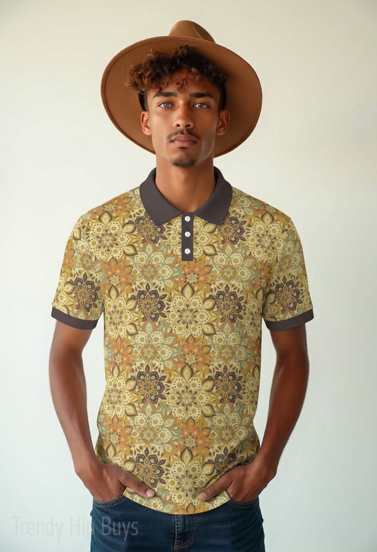 70s Hippie Mandala Polo Shirt | UPF 50+ Sun Protection Unisex Polo | Retro Mustard Yellow Brown Polo Shirt 