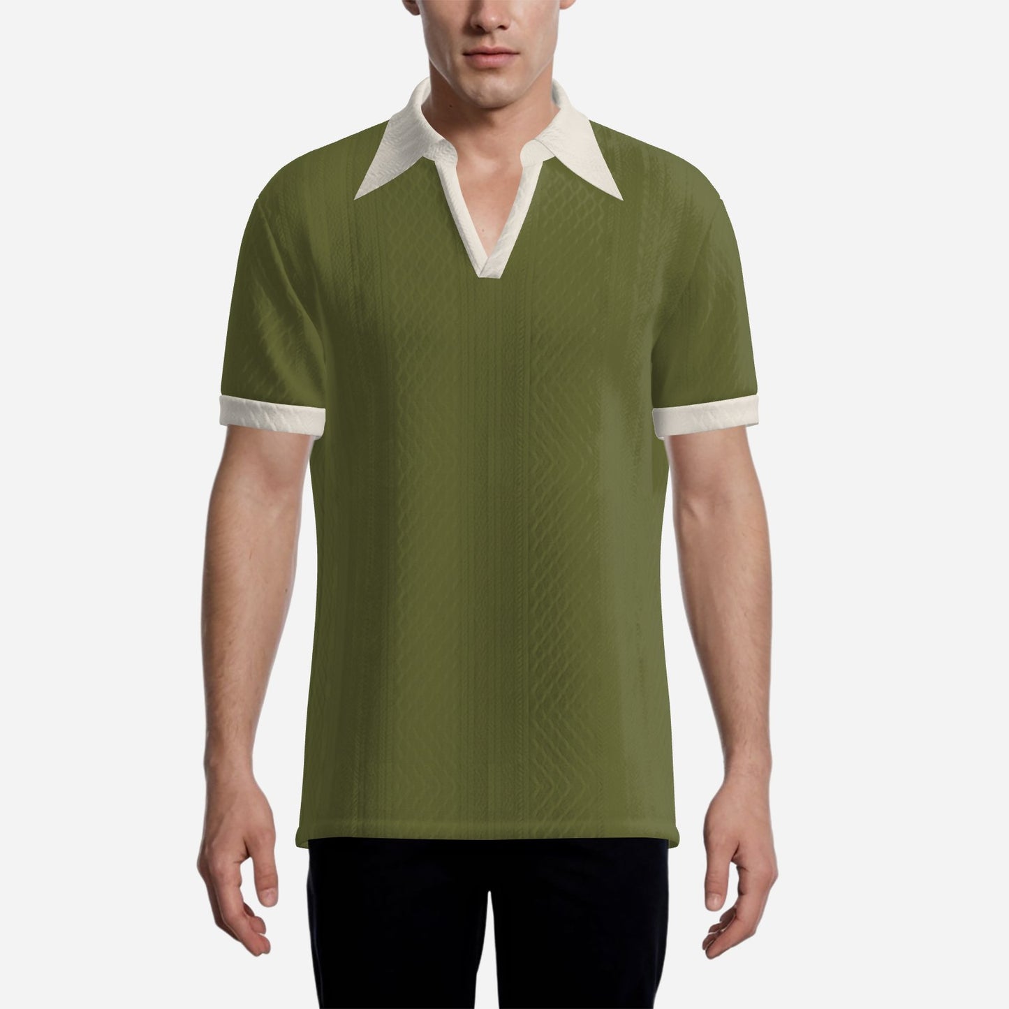 70s Style Polo Shirt | Retro Olive Green Jacquard Knit Polo | Dagger Collar Polo Shirt 