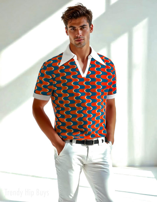 Retro Polo Shirt, 70s Polo Shirt, Red Blue Op Art Shirt, Wing Collar Shirt, Retro Knit Polo