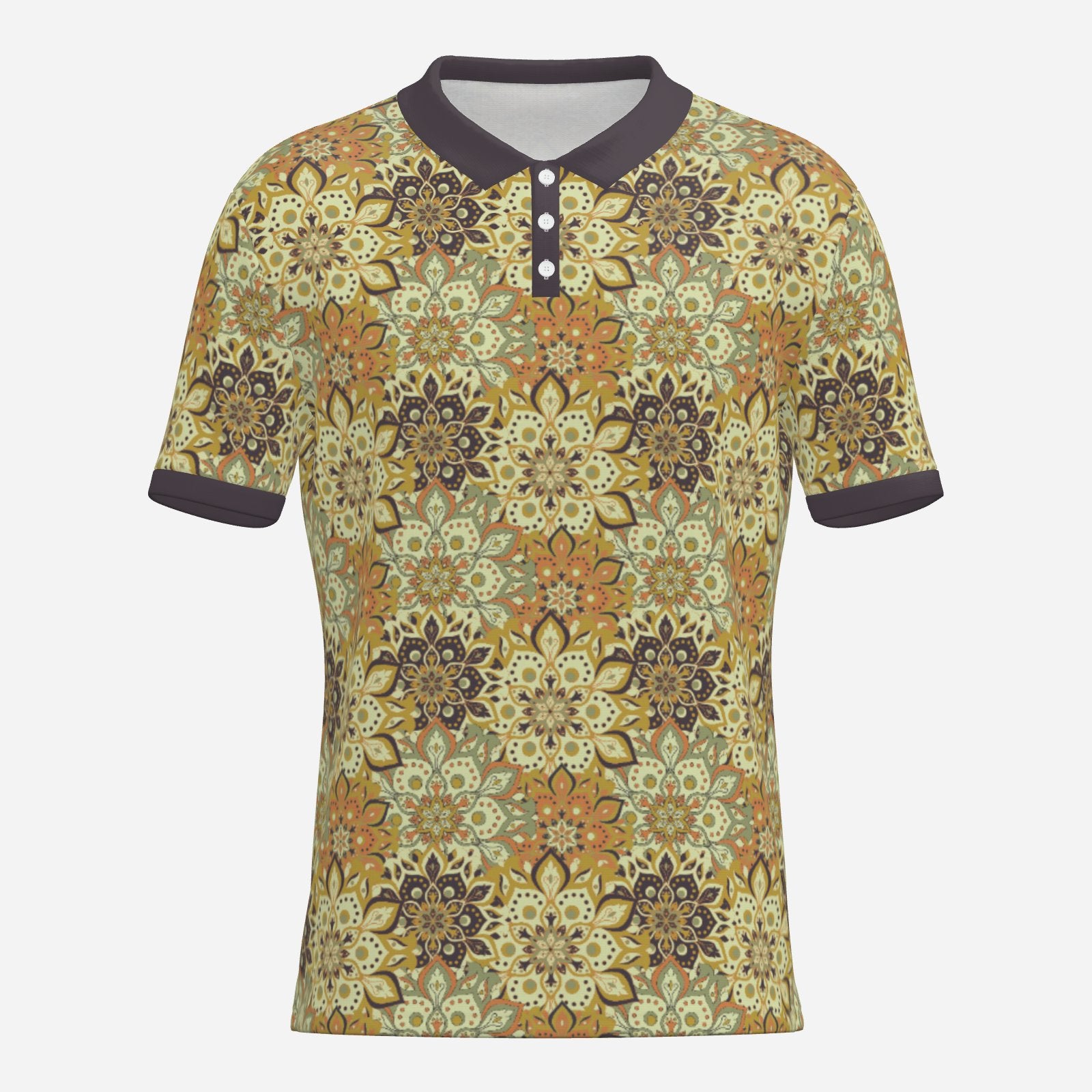 70s Hippie Mandala Polo Shirt | UPF 50+ Sun Protection Unisex Polo | Retro Mustard Yellow Brown Polo Shirt 