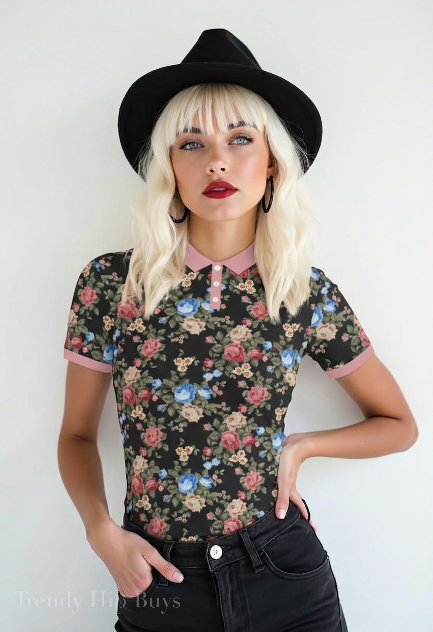 Retro Black Floral Polo Shirt UPF 50+ Sun Protection Unisex Polo