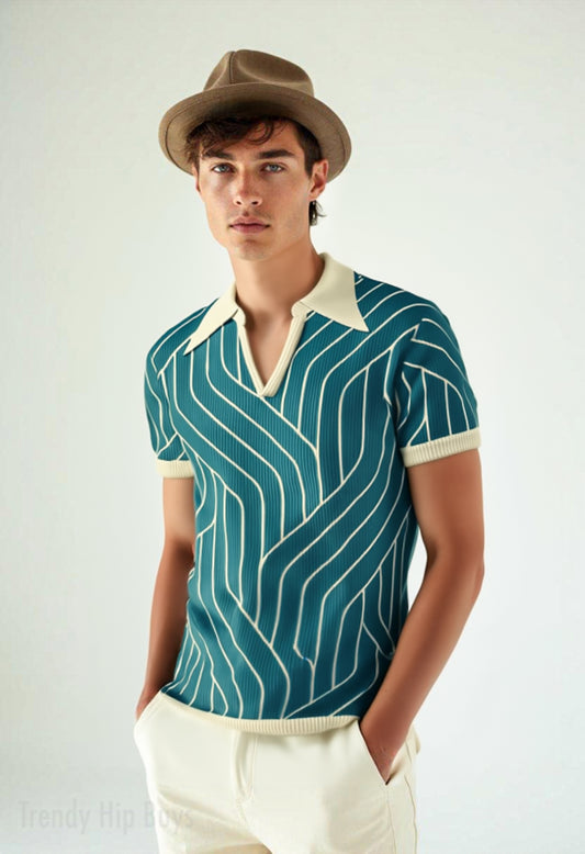 Retro Polo Shirt, Teal Polo Shirt, 70s Polo Shirt, Stripe Polo Shirt, Disco Stripe Polo Shirt