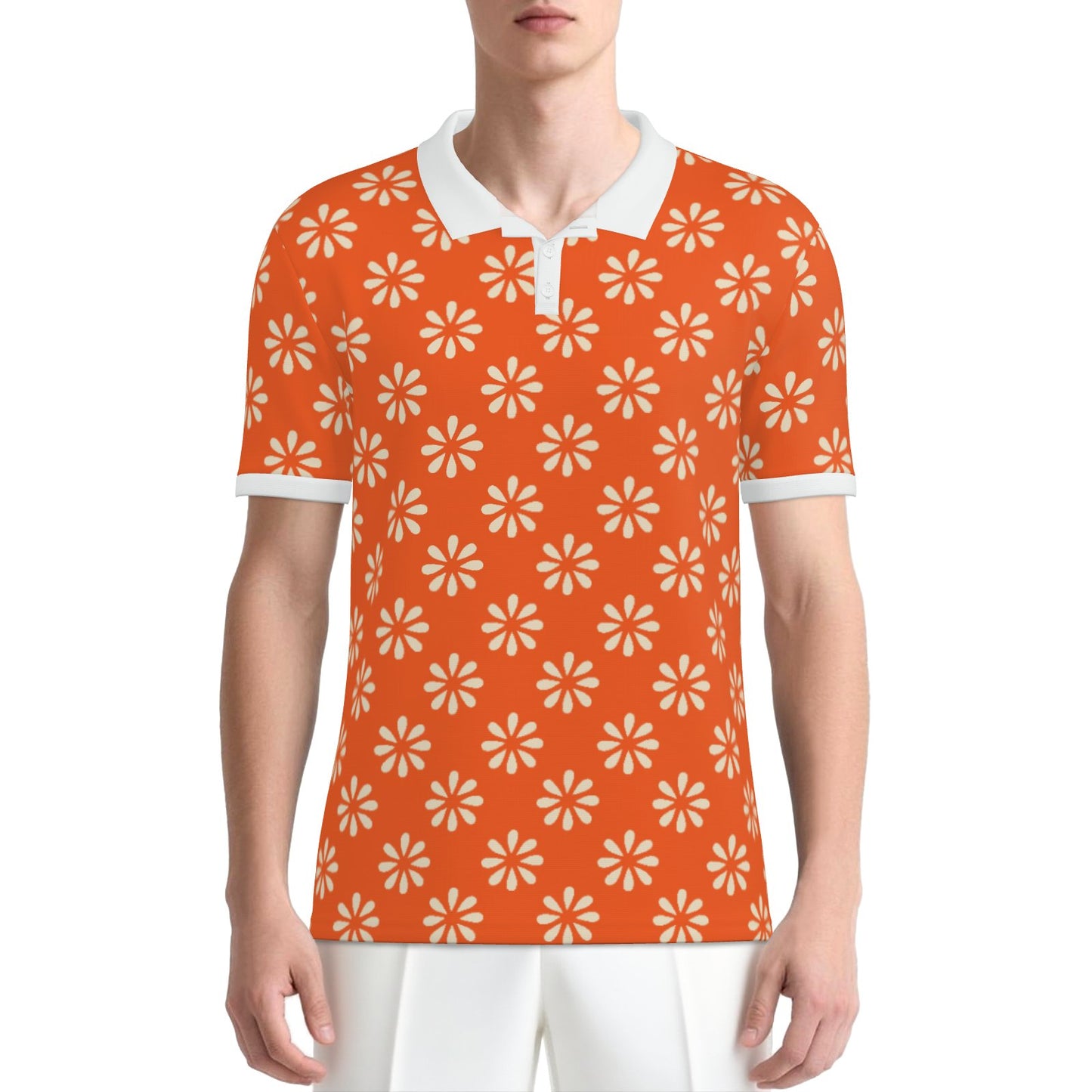Retro Orange Floral Polo Shirt | UPF 50+ Sun Protection Unisex Polo | Vintage 60s 70s Mod Golf Shirt