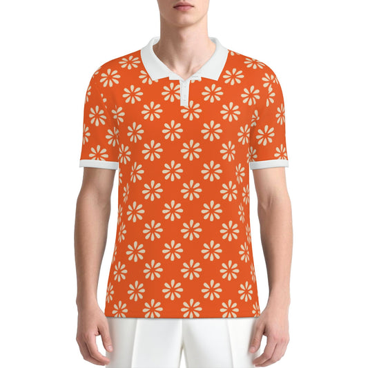 Retro Orange Floral Polo Shirt | UPF 50+ Sun Protection Unisex Polo | Vintage 60s 70s Mod Golf Shirt