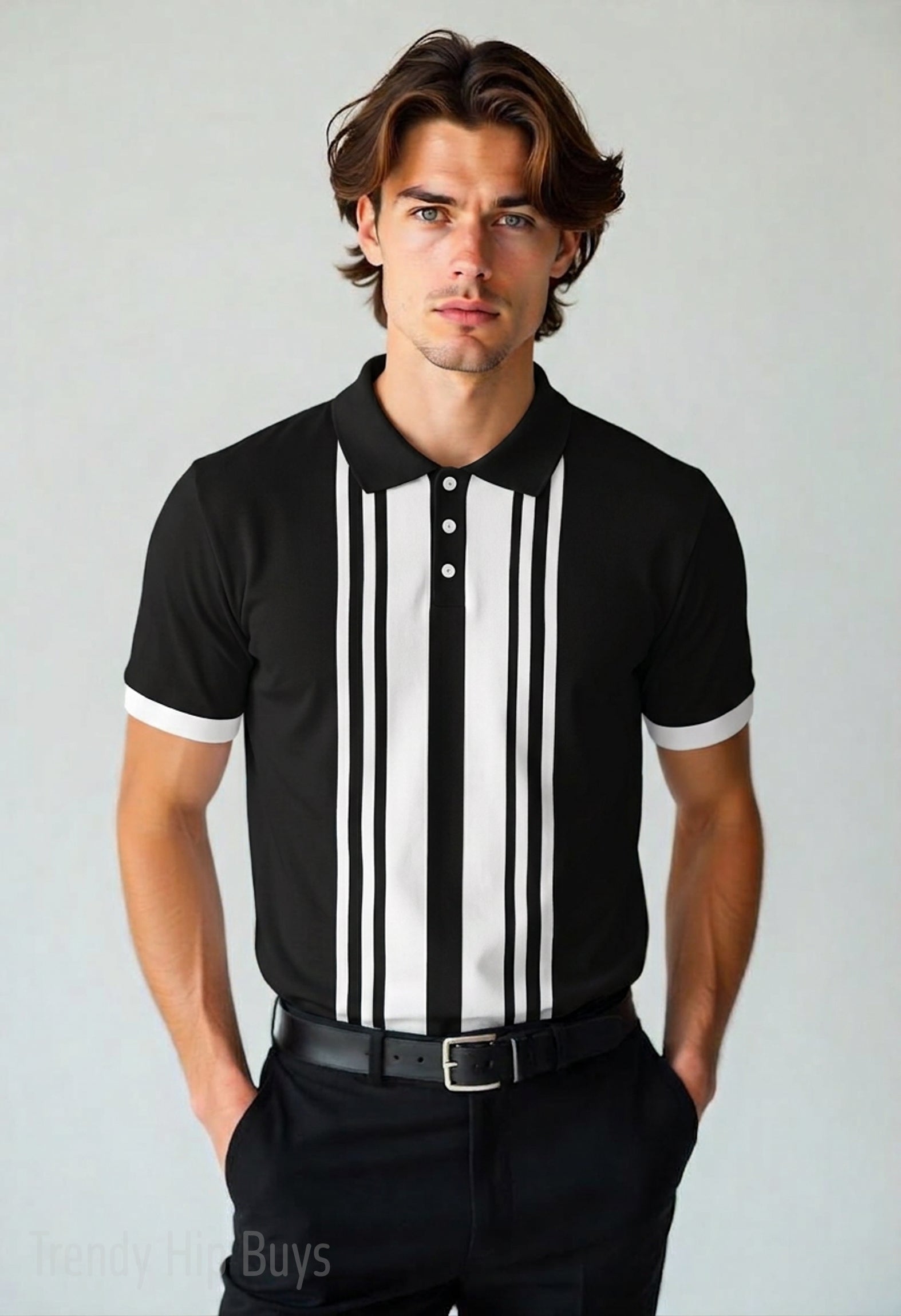 Retro Black Polo Shirt | UPF 50+ Sun Protection Unisex Polo | Vintage 60s Mod Golf Shirt | Black Stripe Polo