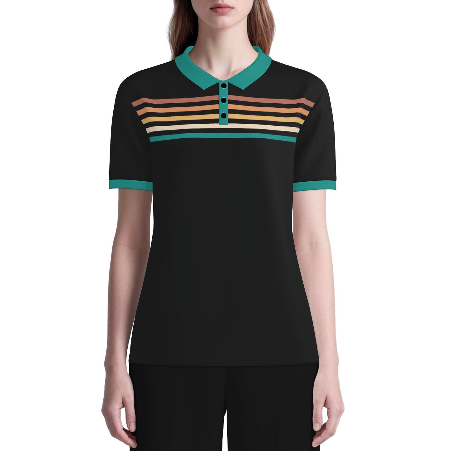 Retro Black Turquoise Stripe Polo Shirt Unisex UPF 50+ Sun Protection Vintage 70s Inspired Shirt