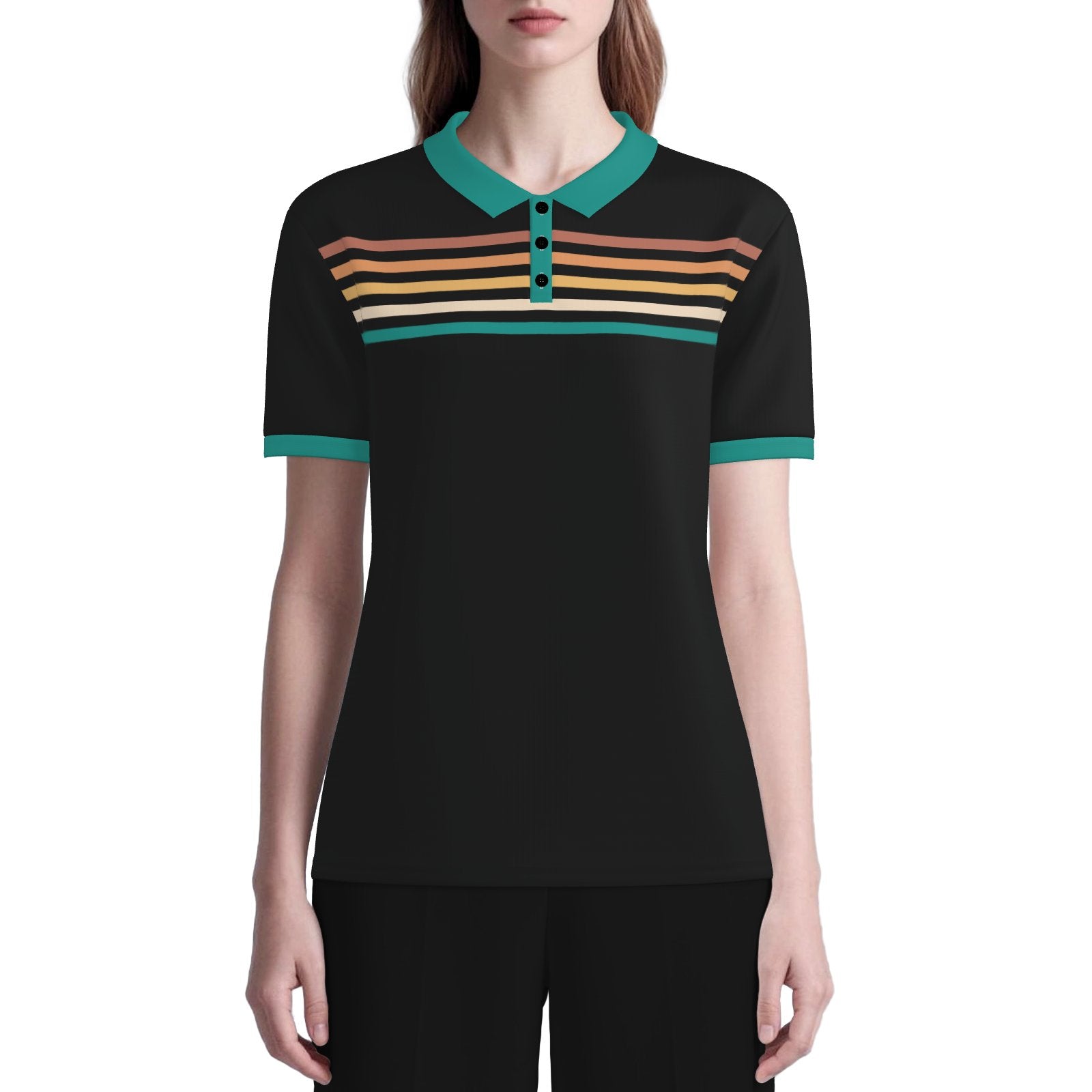Retro Black Turquoise Stripe Polo Shirt Unisex UPF 50+ Sun Protection Vintage 70s Inspired Shirt