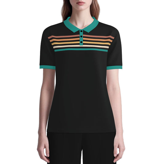 Retro Black Turquoise Stripe Polo Shirt Unisex UPF 50+ Sun Protection Vintage 70s Inspired Shirt