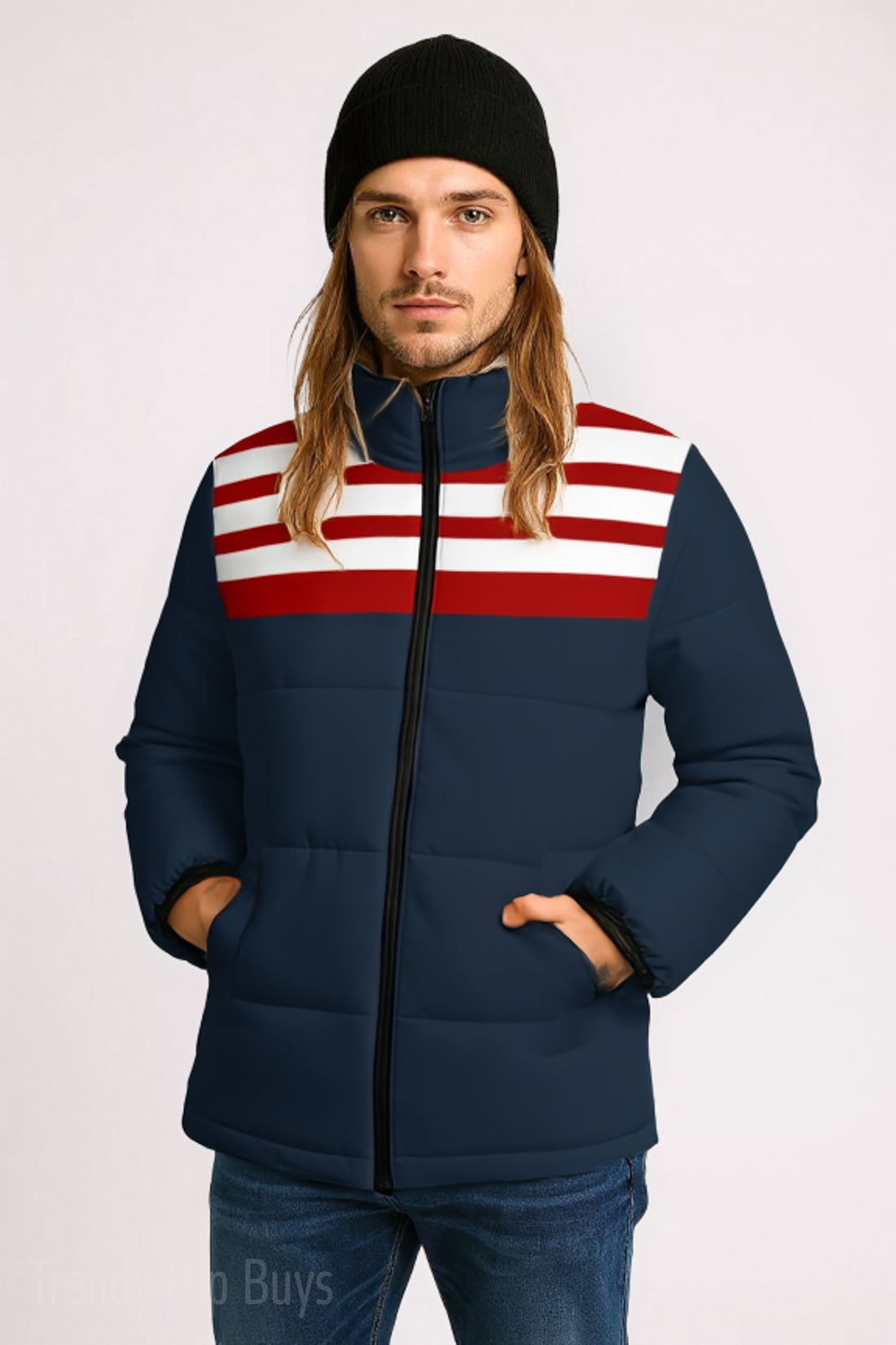 Retro 80s navy blue puffer jacket with nautical red and white stripe detail and cotton insulation. Vintage unisex winter jacket by Trendy Hip Buys.