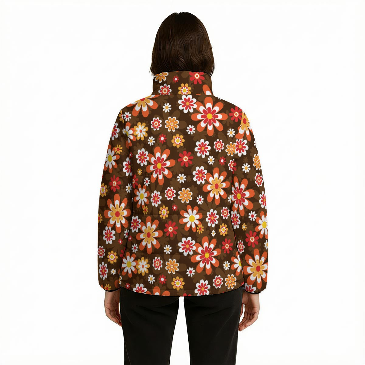 Women's Retro Floral Puffer Jacket | 60s 70s Brown Hippie Winter Jacket | Vintage Mod Cotton Filled Coat