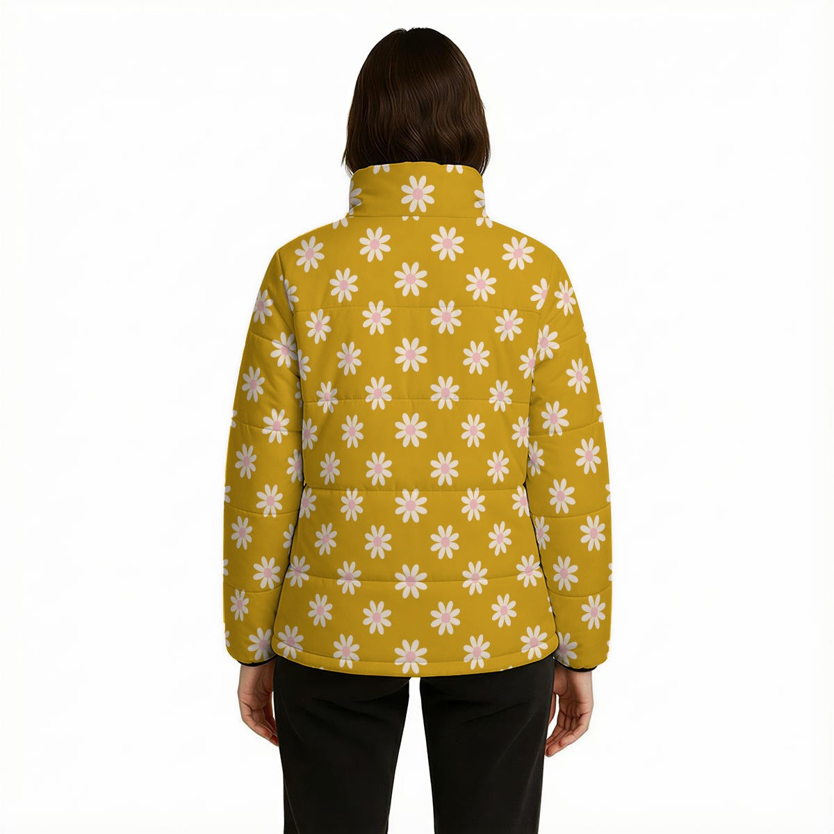 Retro Floral Puffer Jacket | Vintage Mustard Yellow 60s 70s Daisy Puffer Jacket | Mod Winter Coat